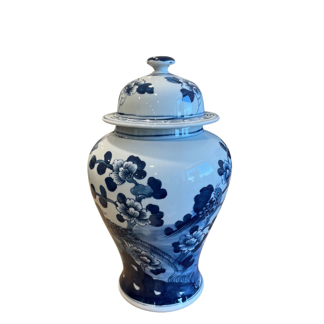 GINGER JAR BLUE & WHITE BIRDS WITH FLOWERS image 0